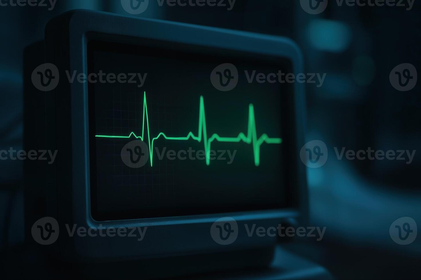 Heart Monitor Displaying Steady Electrocardiogram Lines Cast In Soft Green Glow In A Dimly Lit Medical Setting With Shallow Depth Of Field photo