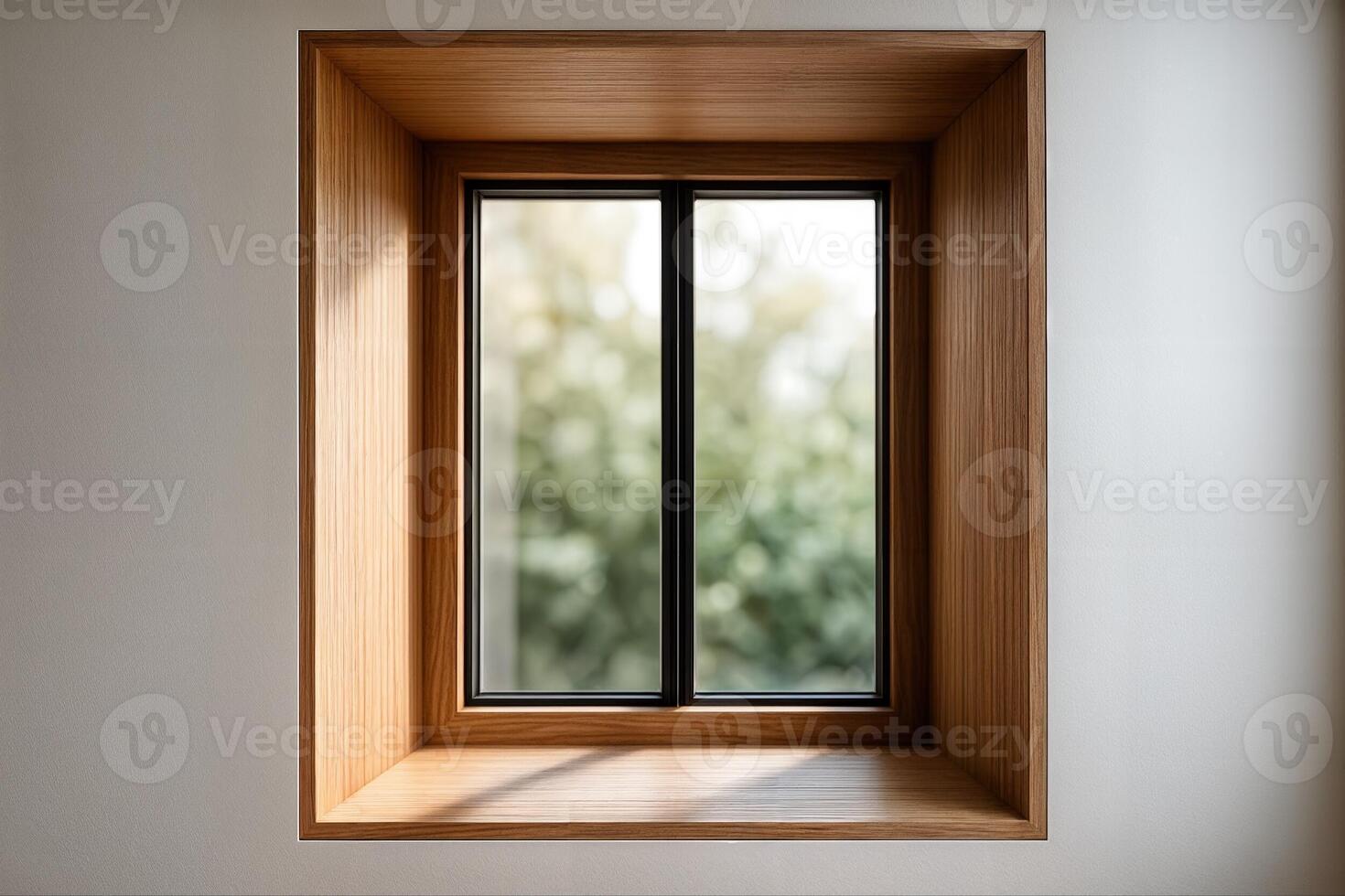 Oak Window Frame In A Minimalistic Indoor Setting With Natural Light Filtering Through A Double Glazed Pane Framing Blurred Foliage Outside photo