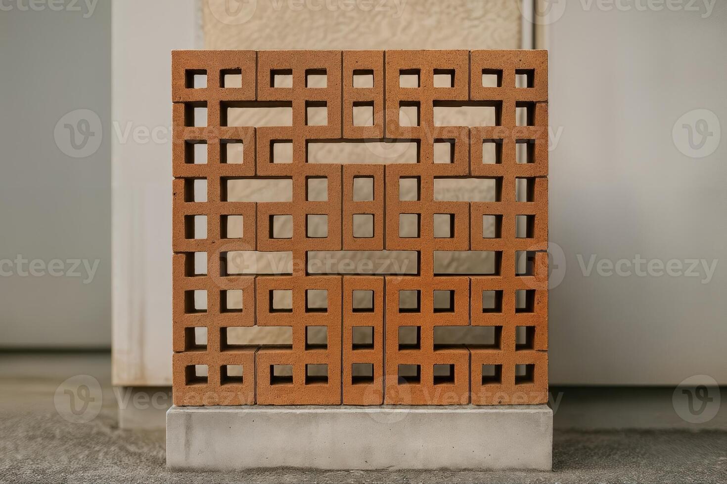 Pixelated Brick Lattice Pattern Displayed in an Urban Setting with a Symmetric Geometric Design on a Concrete Base Amidst Neutral Background photo