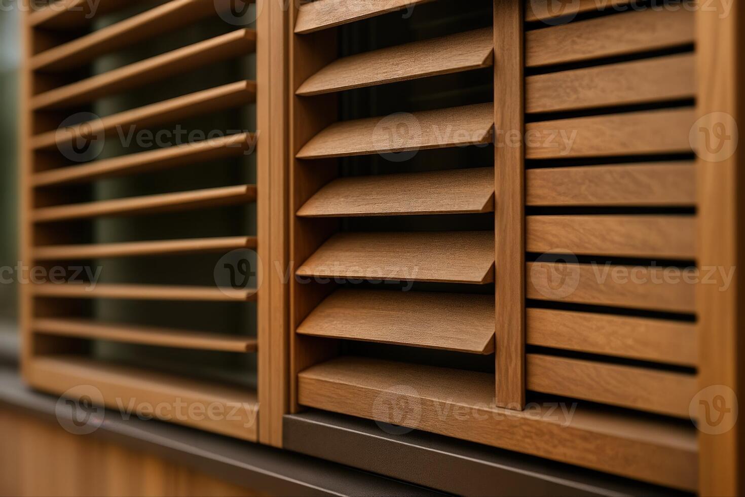 Timber Facade Design Showcasing Wooden Louvers in a Close Up View Capturing the Texture and Pattern of the Slats in Natural Light photo
