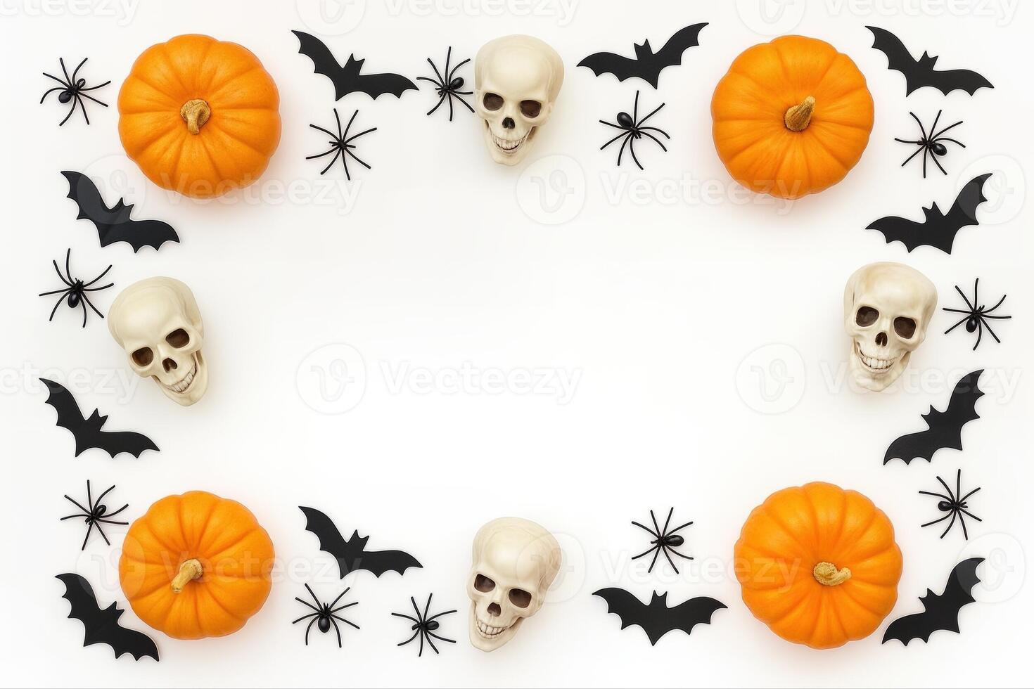 Spooky Halloween Frame Featuring Skulls, Pumpkins, Bats, And Spiders On A White Background Creating A Vibrant And Festive Seasonal Scene photo