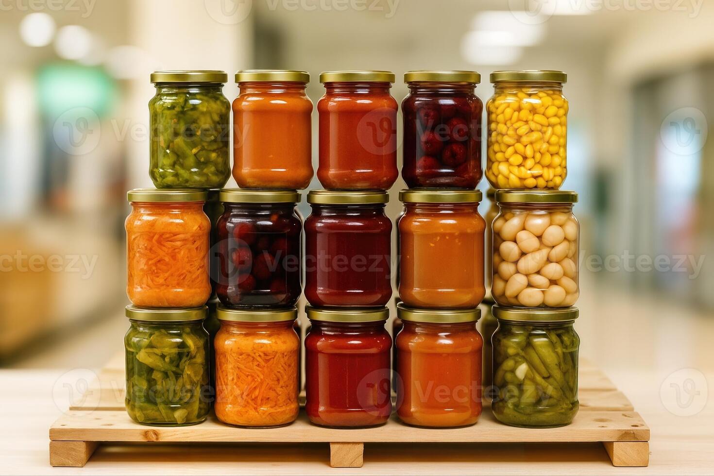 Supermarket Display of Colorful Jars Arranged on a Wooden Shelf in a Well Lit Indoor Setting with a Slight Blur in the Background photo