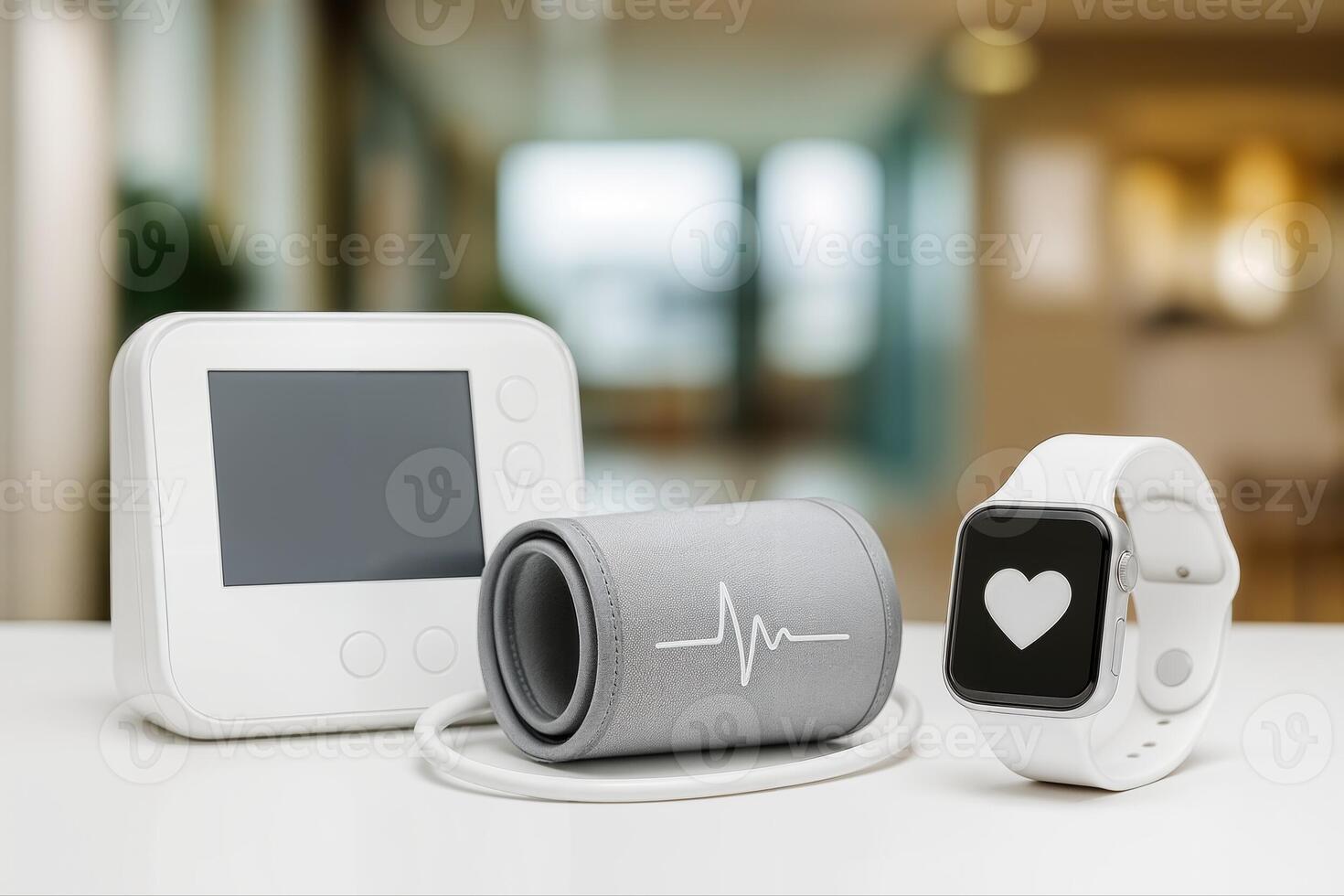 Heart Health Technology Displaying Modern Devices for Monitoring Health Metrics Indoors on a Table, Featuring a Smartwatch, Blood Pressure Monitor, and Heart Icon photo
