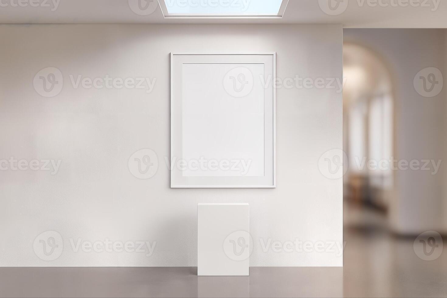 Minimalist Art Gallery Interior Featuring An Empty White Frame On A Wall Under Soft Natural Light With An Archway In The Background photo