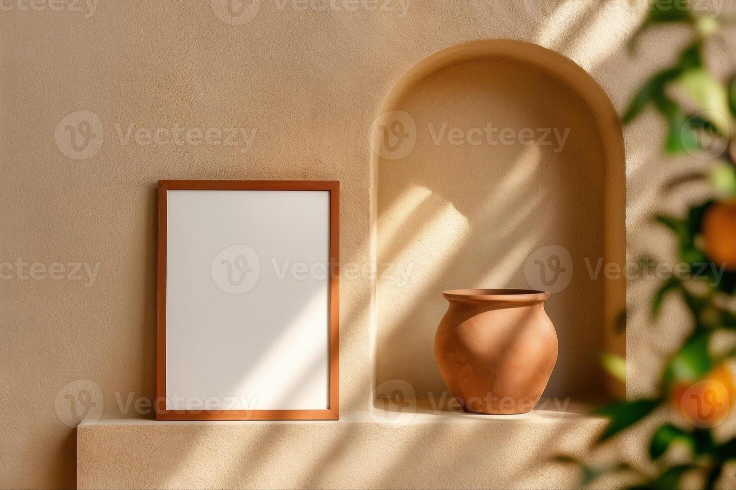 Garden Alcove Featuring Sunlit Wall With Clay Pot And Picture Frame Displaying A Minimalist Setting With Natural Light Filtering Across The Surface photo