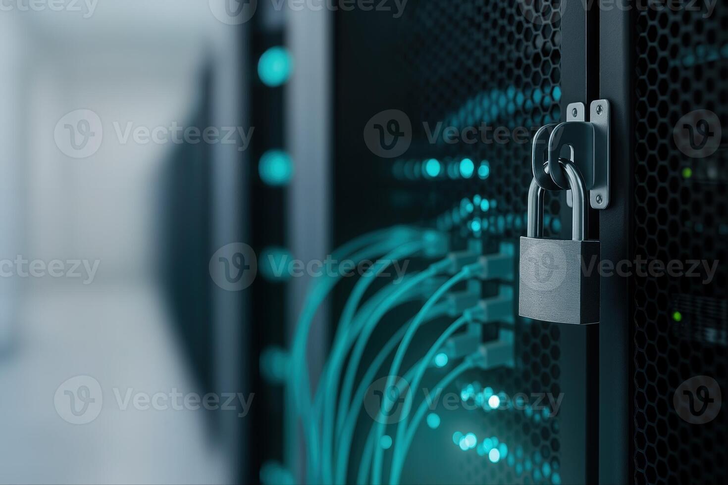 Data Center Server Rack Closeup Featuring a Secure Padlock and Network Cables in a Modern Technology Facility with Dimmed Ambient Lighting photo