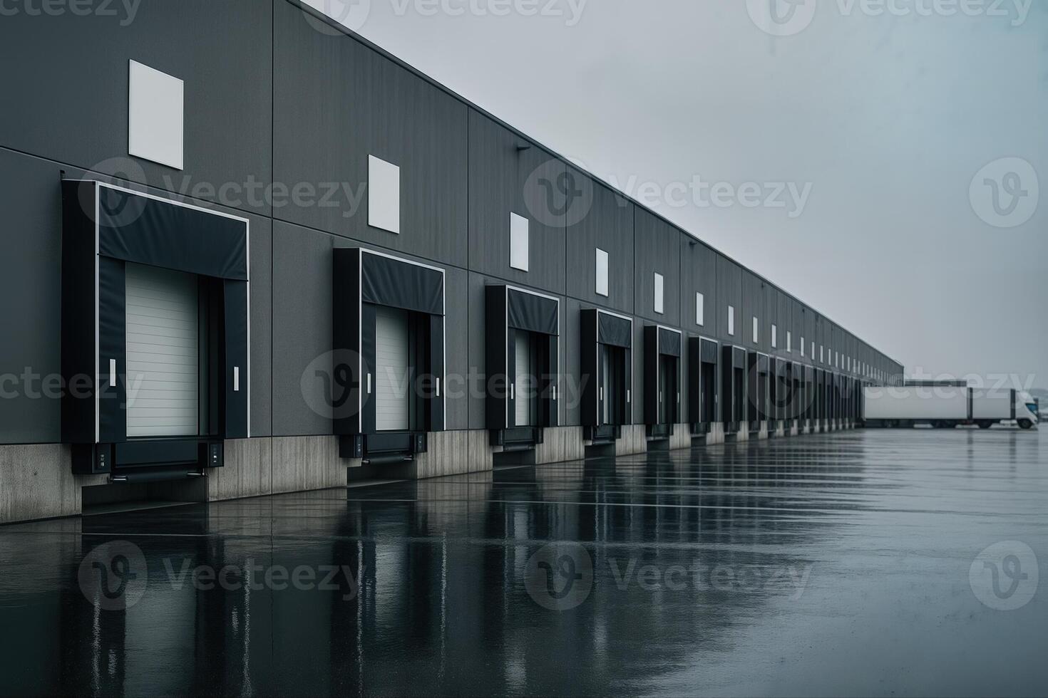 Industrial Warehouse Loading Docks Displaying Modern Logistics Infrastructure on a Cloudy Day with Wet Reflections on the Ground photo