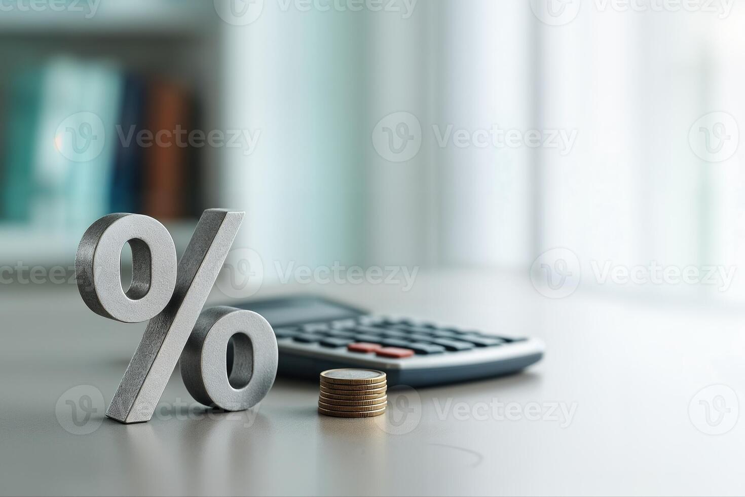 Percent Symbol Sculpture Accompanied By A Stack Of Coins And A Calculator On A Desk In An Office Setting With Natural Light photo
