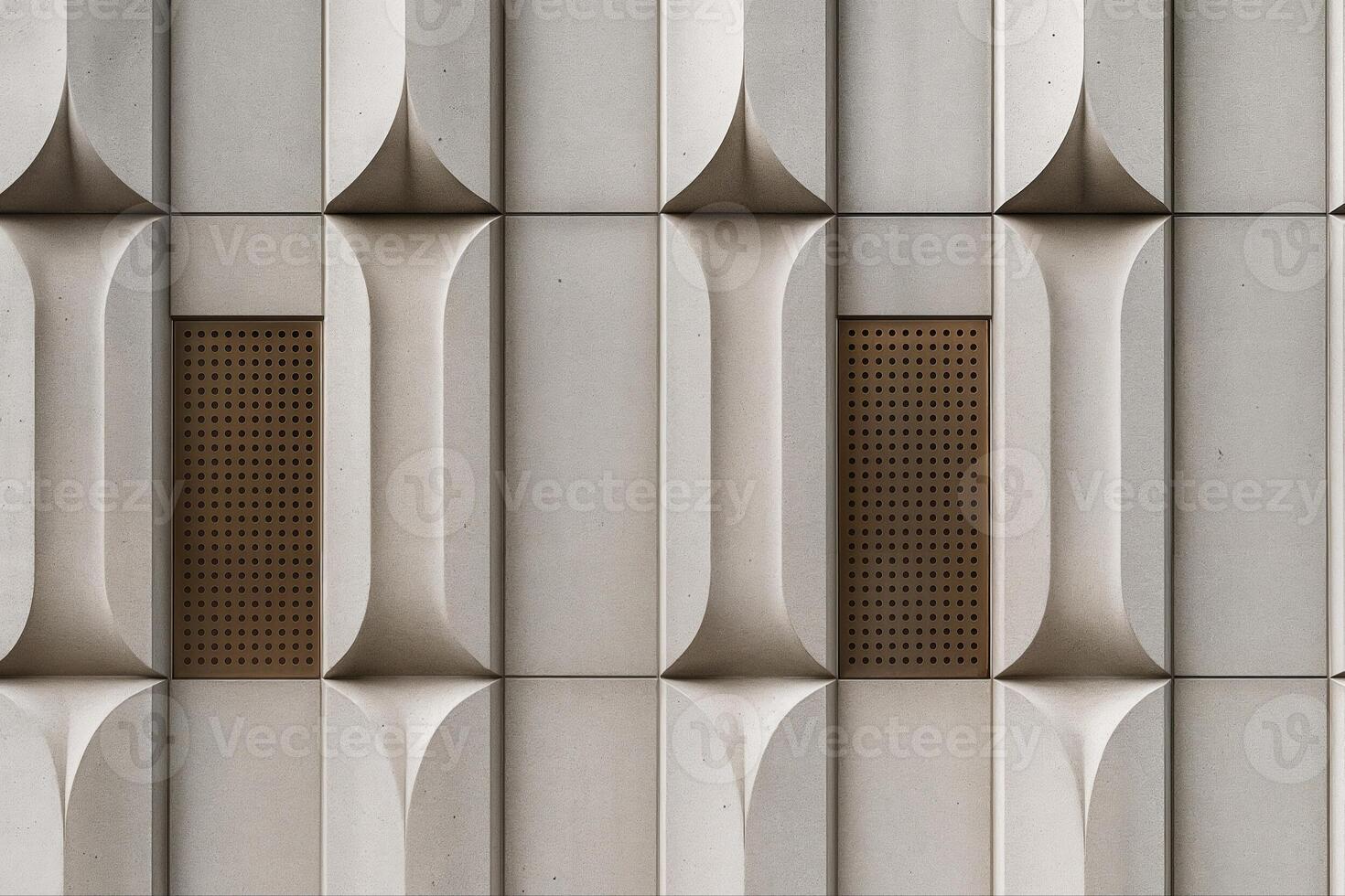 Architectural Detail Of A Rhythmic Concrete Facade With Geometric Patterns And Textured Panels, Captured In Natural Light Highlighting The Symmetrical Design photo