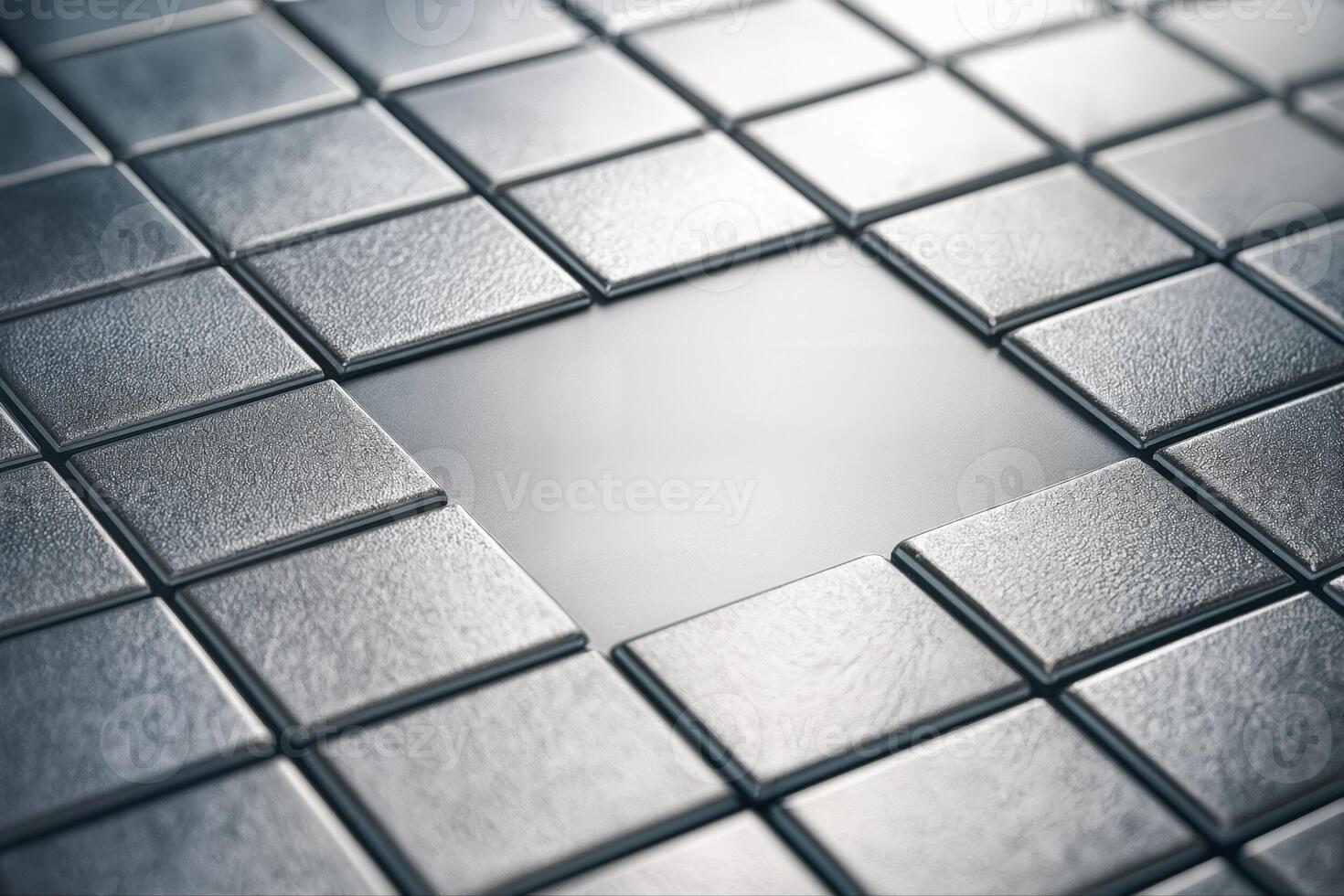 Silver Geometric Pattern Featuring Metallic Tiles Arranged In A Square Formation With A Central Opening, Captured In A Soft Light Perspective photo