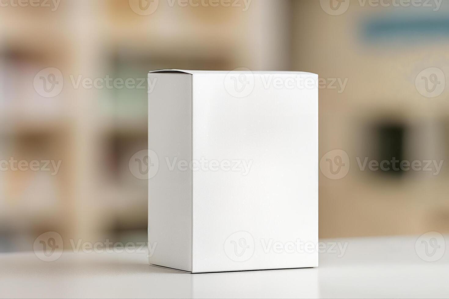 Plain White Box on a Counter in a Bright Indoor Setting With Blurred Background for Product Placement and Advertising Concepts photo