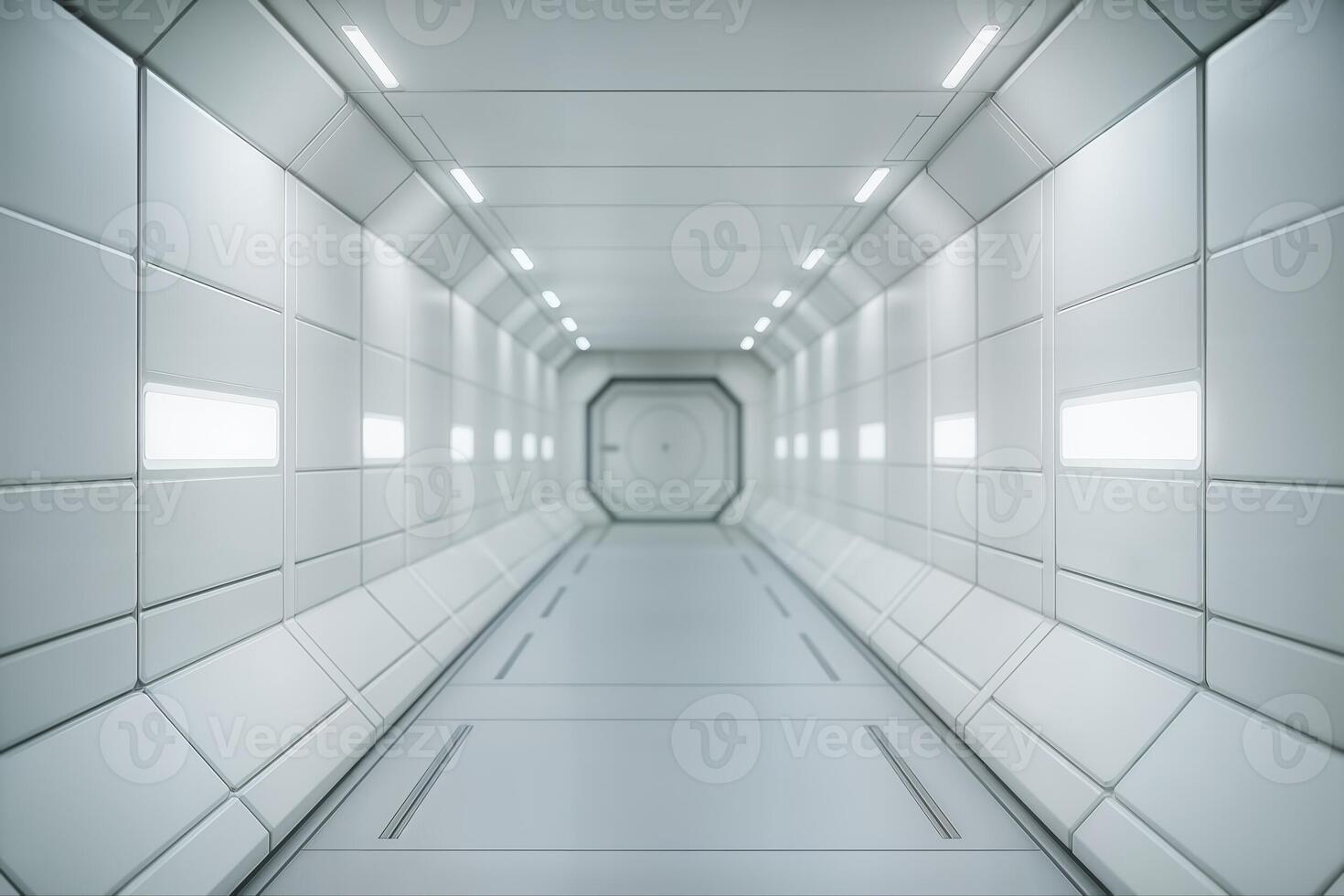Futuristic Ship Corridor Featuring Sleek White Walls and Inbuilt Lighting Creating a Clean and High Tech Ambiance with a Long Perspective photo