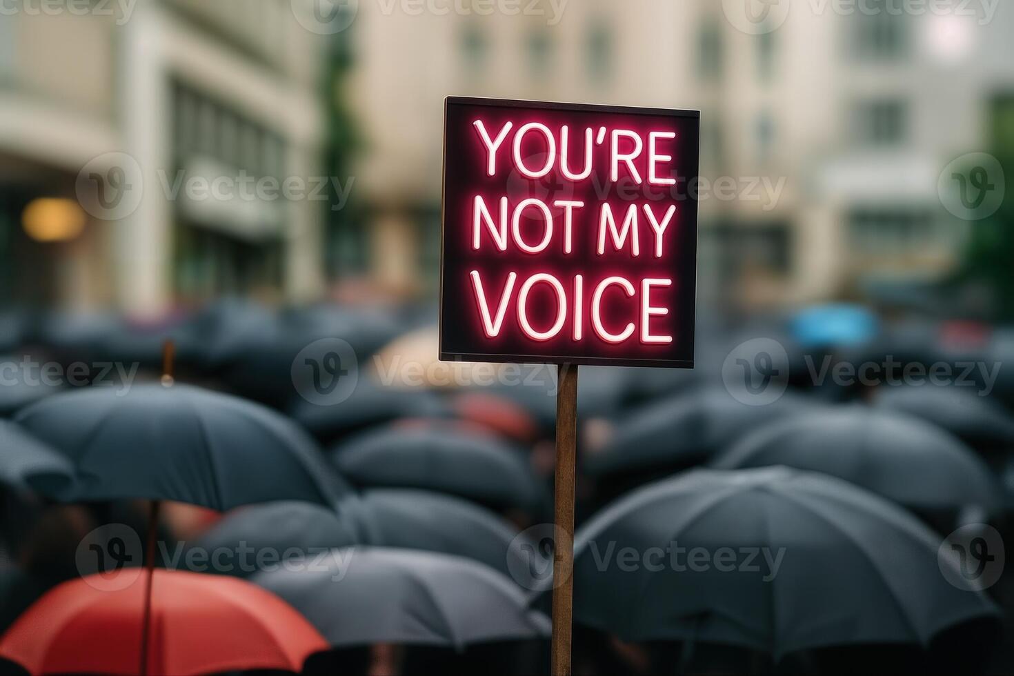 Protest Rally Featuring a Neon Sign Reading 'You're Not My Voice' Held Outdoors in a Crowd with Numerous Umbrellas on a Cloudy Day photo