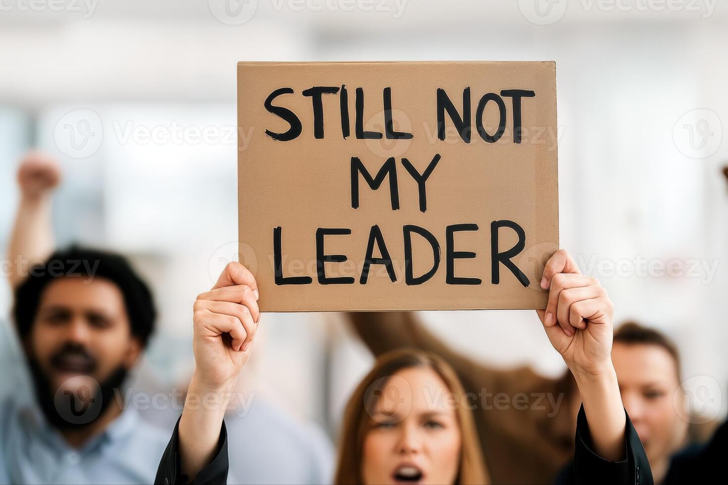 Protest Demonstration With People Holding Signs Indoors Displaying Political Messages In A Blurred Background Setting, Focusing On Civic Engagement And Activism photo