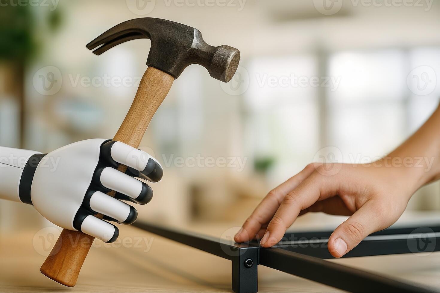 AI and Human Collaboration in a Workshop with a Robot Hand Holding a Hammer While a Human Hand Steadies a Beam on a Wooden Table with Natural Indoor Light photo