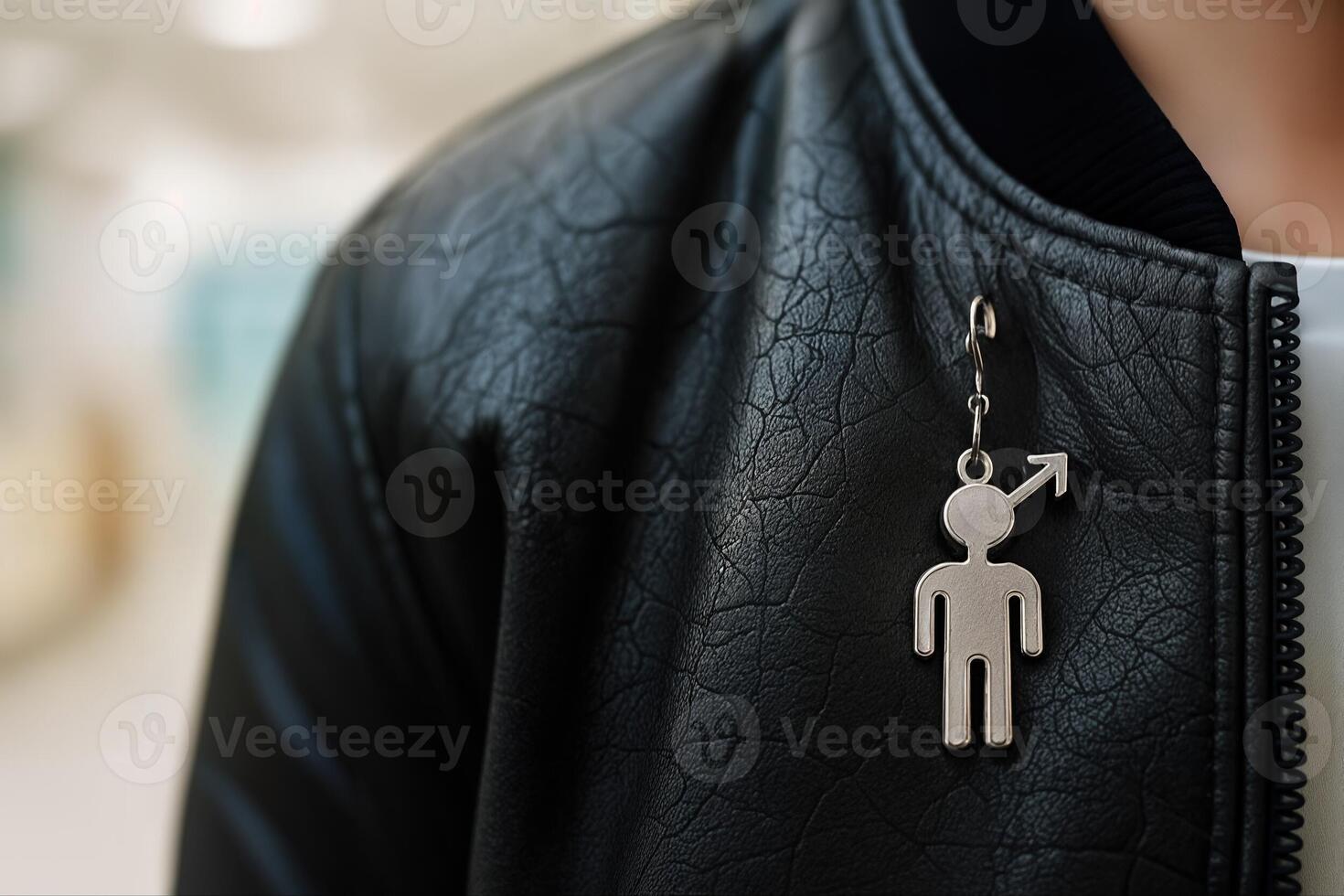 Masculinity Symbol Hanging on a Black Leather Jacket, Indoors, Captured Close Up With Focus on the Symbol, Blurred Background, With Shallow Depth Of Field photo