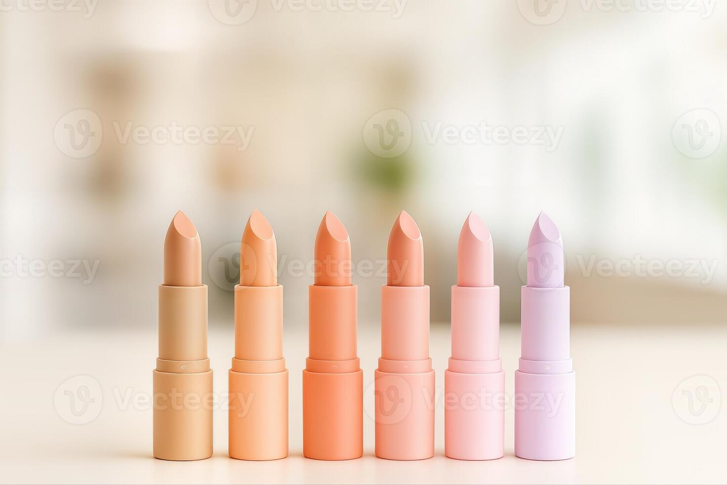 Gradient Pastel Lipsticks Displayed in a Row Indoors on a White Surface, Capturing Soft Colors and Elegant Presentation With Shallow Depth of Field photo
