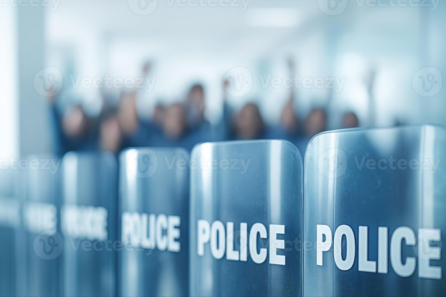 Police Shields Lined Up Indoor With Blurred Crowd In Background During Daytime Creating A Tense And Focused Scene With Shallow Depth Of Field photo
