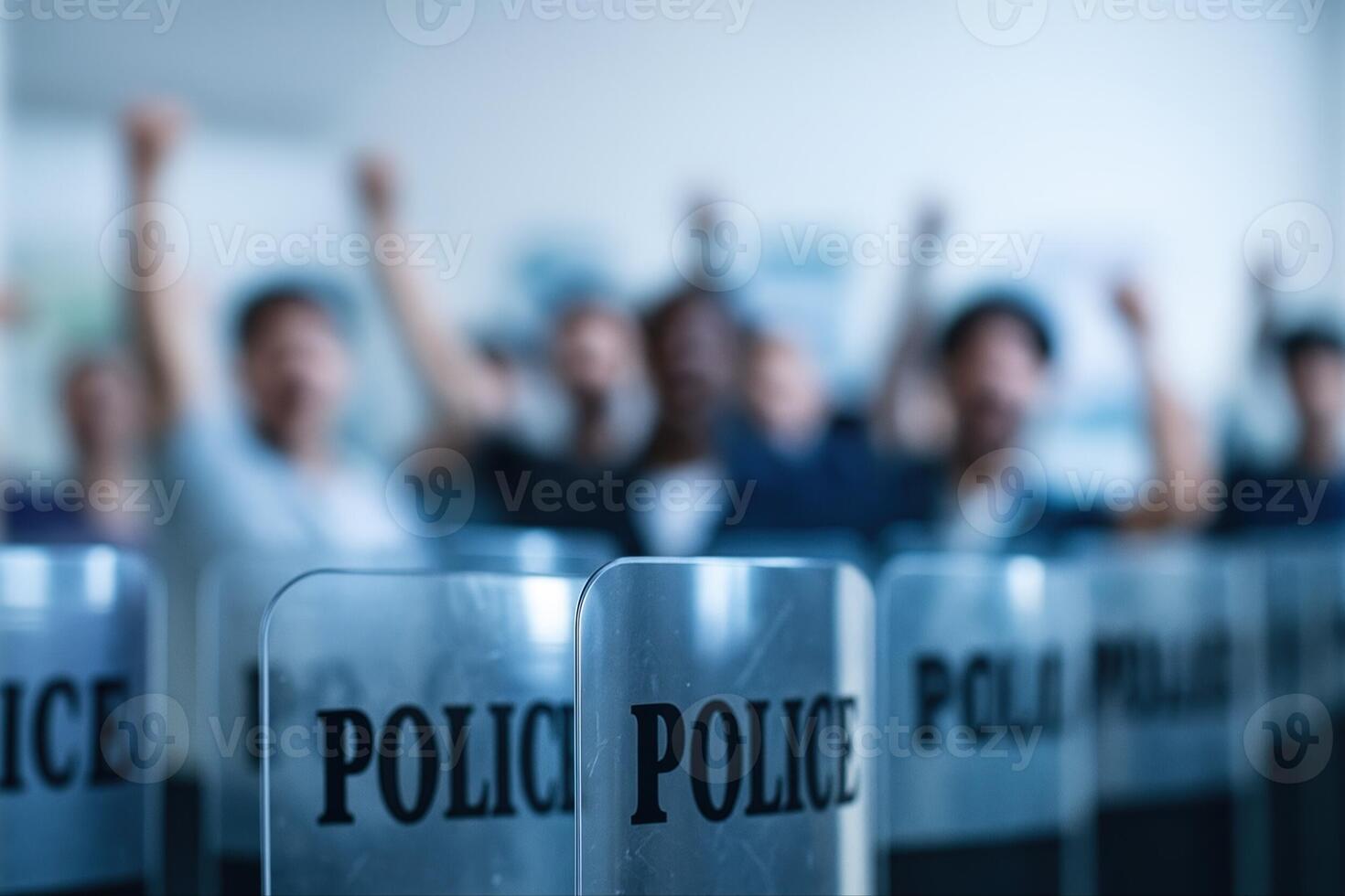 Police Shields Forming A Line With Protesters In The Background, Fists Raised In A Blurred Urban Setting With Shallow Depth Of Field photo