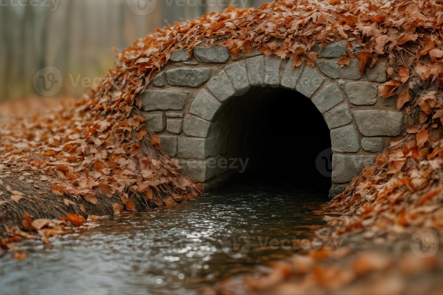 Autumn Culvert Surrounded by Fallen Leaves with a Stream Flowing Through a Rustic Stone Structure in a Forest Setting with Shallow Depth of Field photo