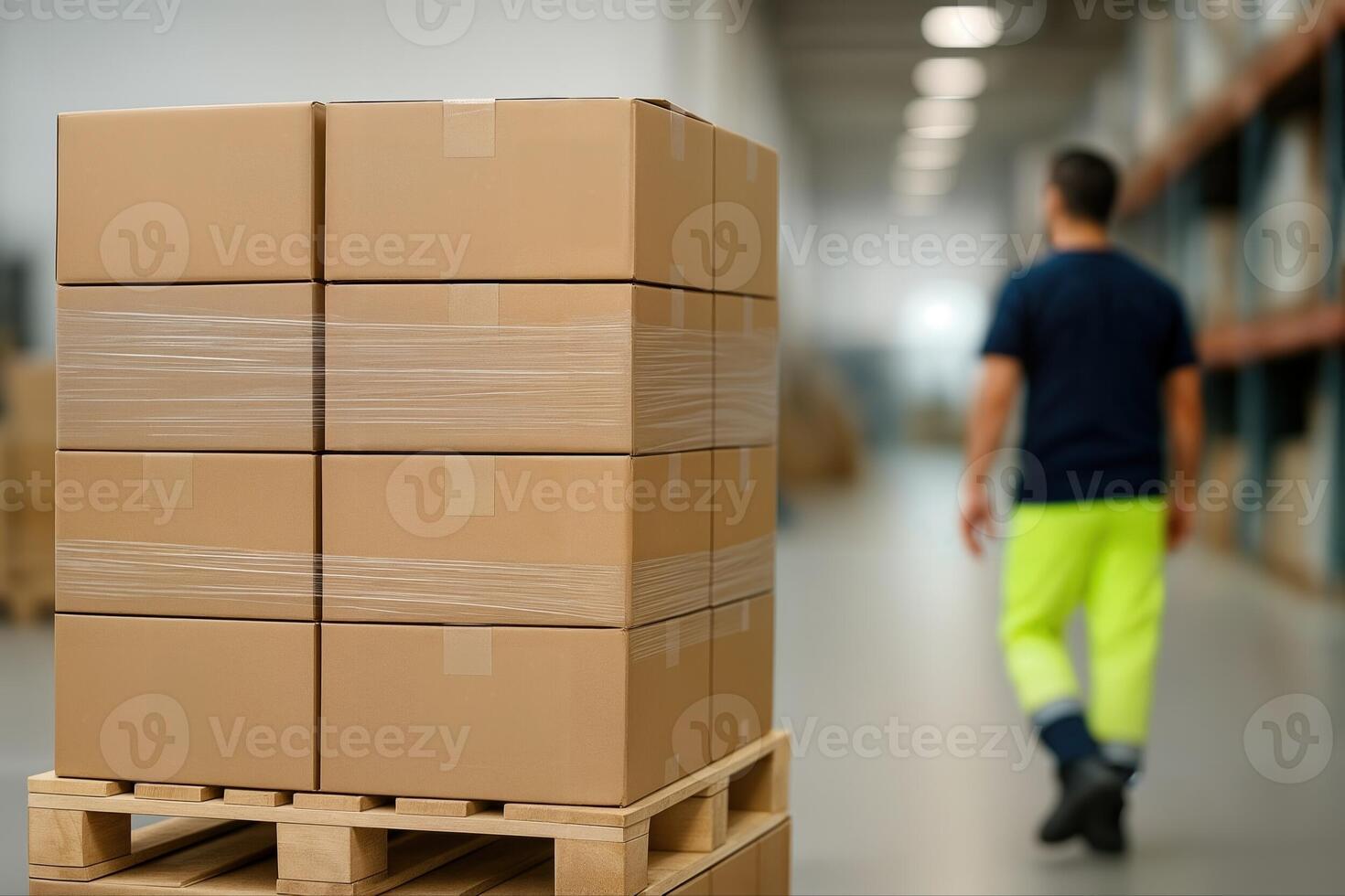 Warehouse Scene Showing Stacked Cardboard Boxes On Pallet With Worker Walking In The Background In A Bright Industrial Setting photo