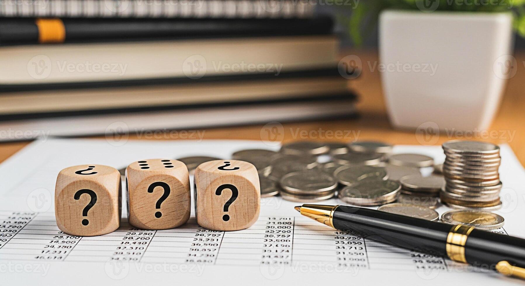 Wooden dice displaying question marks resting on financial documents with coins and a pen symbolizing investment uncertainty and financial planning challenges in a business setting creating a pensive photo