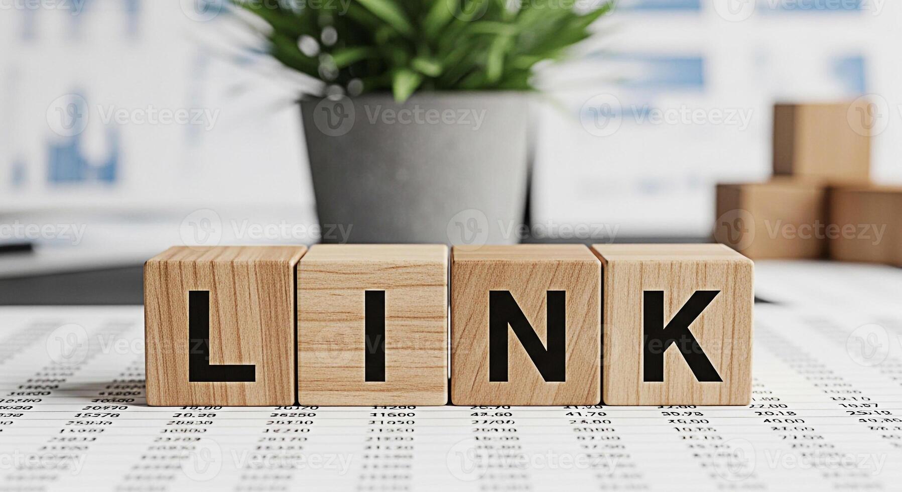 Wooden blocks spelling LINK sitting on a financial report in a bright office symbolizing connection relevance and the importance of data analysis in business strategy and decisionmaking for success photo