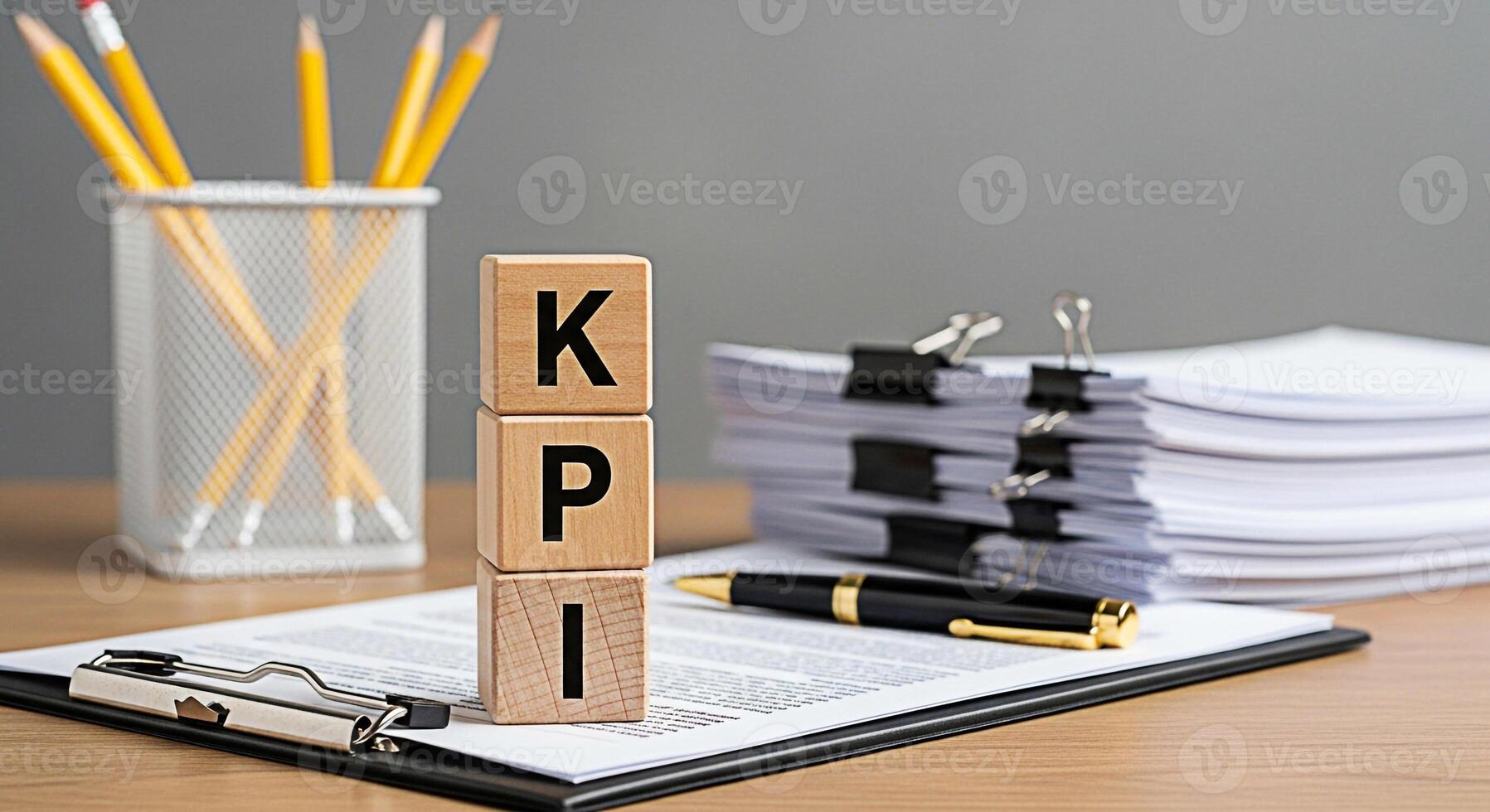 Wooden blocks displaying KPI on a desk with documents a pen and pencils representing key performance indicators and business metrics for success and strategic planning in a corporate environment photo