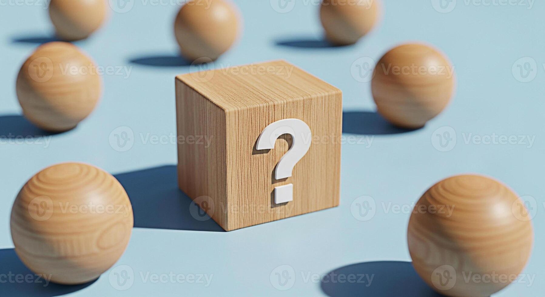 Wooden cube displays a question mark surrounded by wooden spheres on a light blue surface symbolizing uncertainty curiosity and the search for answers in a minimalist and conceptual composition photo