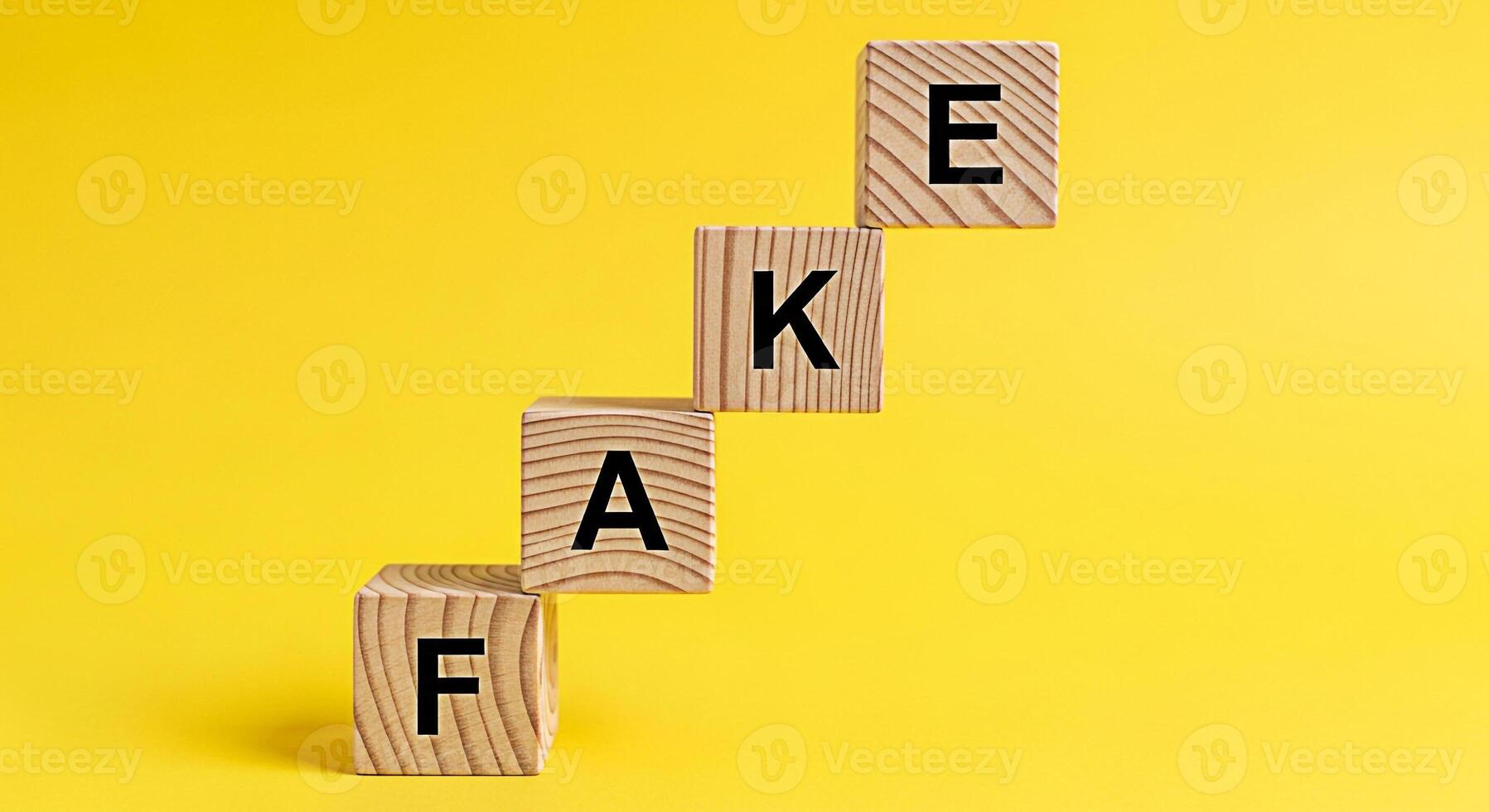 Wooden blocks spelling FAKE stacked on a bright yellow background representing deception and misinformation highlighting the importance of truth and authenticity in a digital age promoting trust and i photo