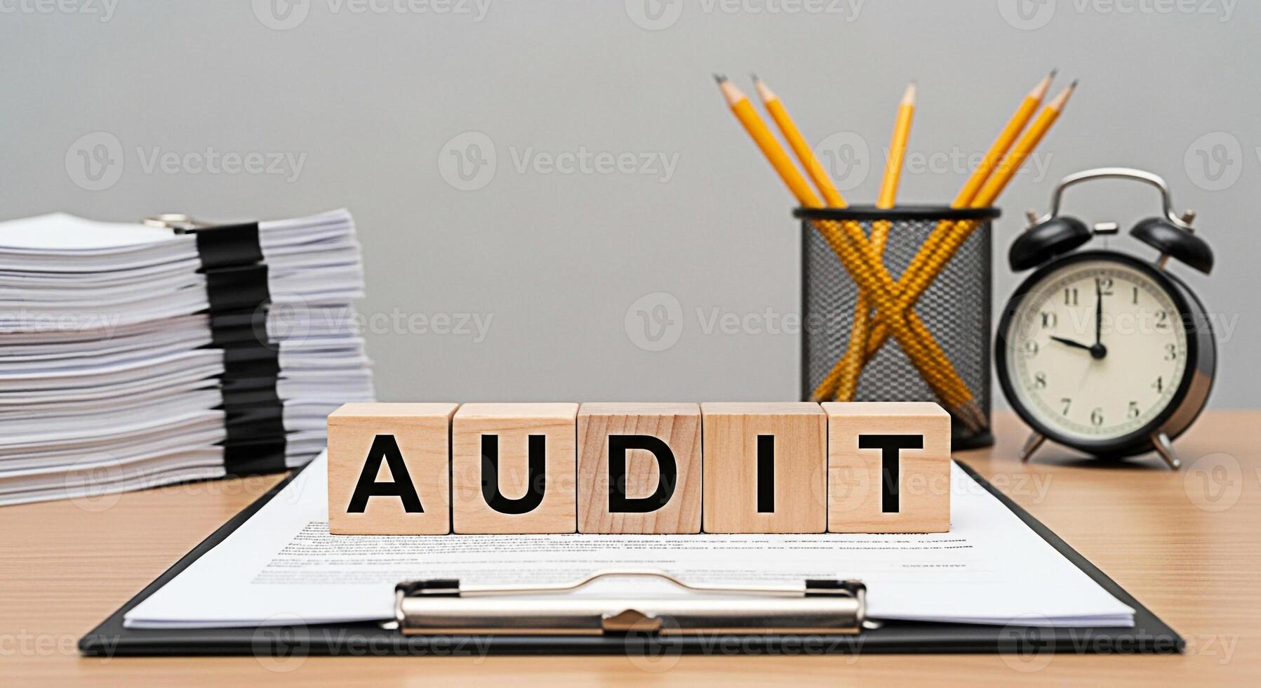 Wooden blocks spelling AUDIT on a clipboard in an office setting symbolizing financial review and compliance with a deadline approaching creating a sense of urgency and importance photo
