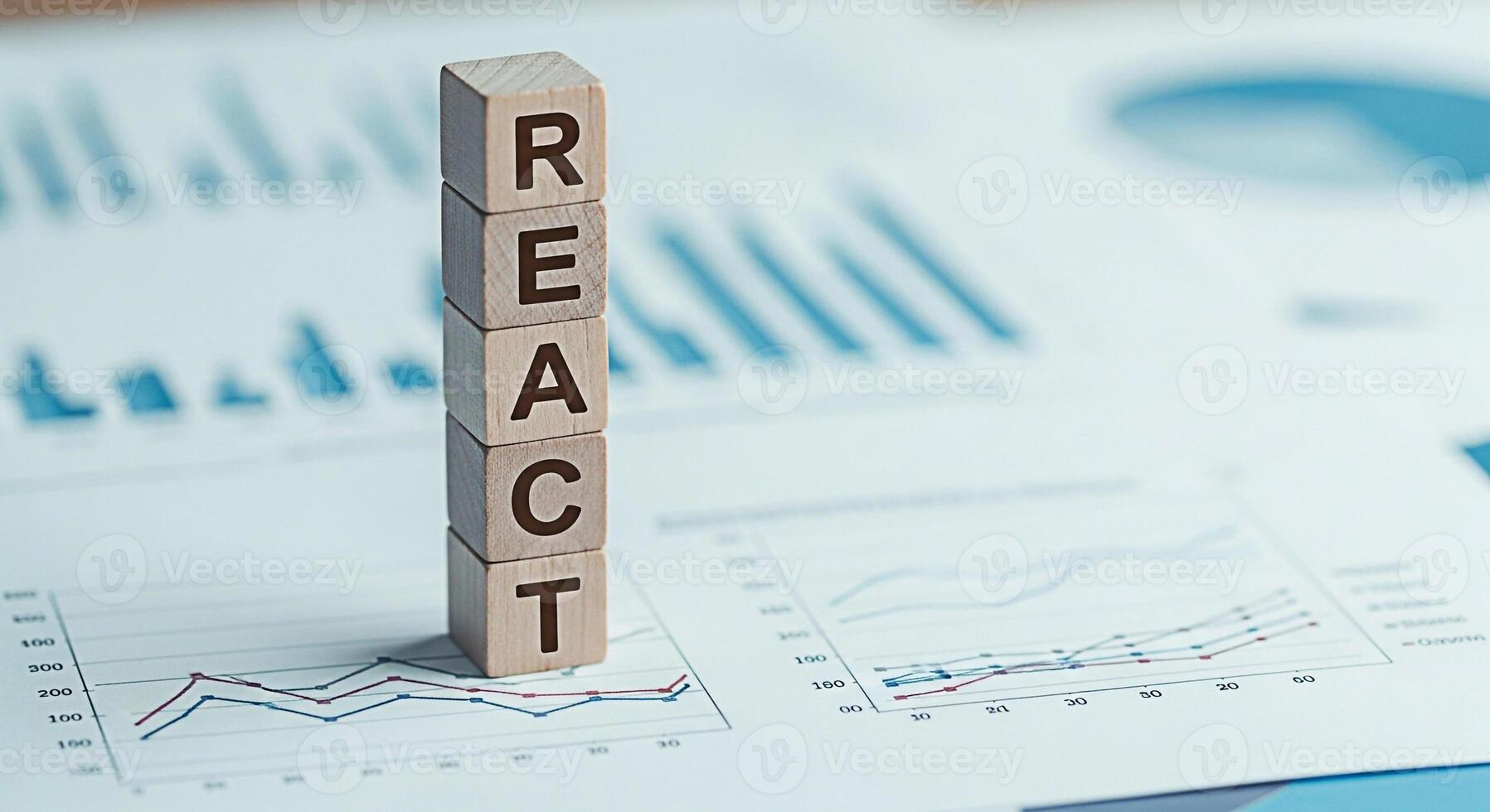 Wooden blocks spelling REACT standing on financial charts representing data analysis and strategic decisionmaking in a business environment conveying a message of proactive planning and informed actio photo
