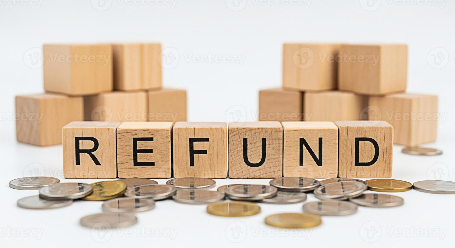 Wooden blocks spelling REFUND surrounded by coins on a white surface representing financial reimbursement and customer satisfaction in a clean minimalist setting conveying trust and reliability photo