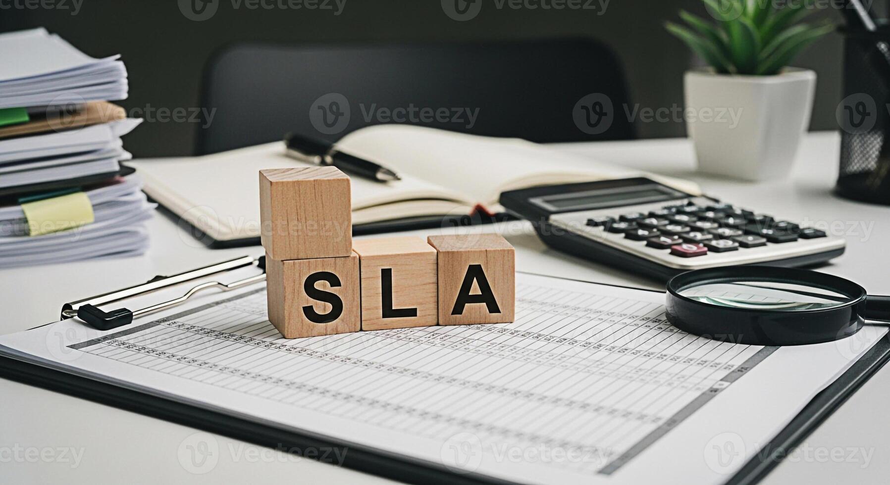 Wooden blocks spelling SLA on a clipboard with financial data in a bright office representing service level agreement business contract and commitment to quality and customer satisfaction photo