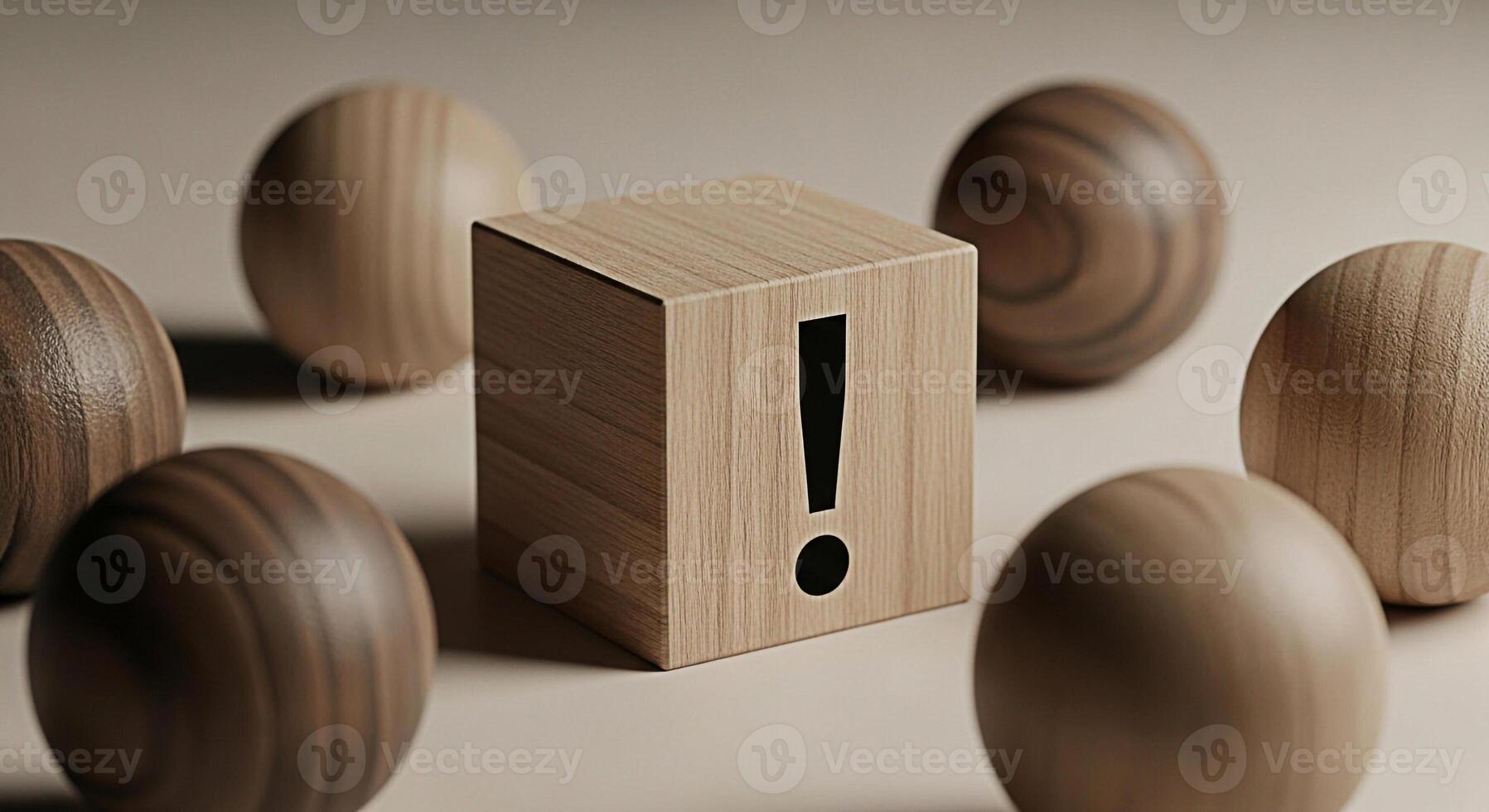 Wooden cube displaying an exclamation mark surrounded by wooden spheres on a neutral surface symbolizing attention warning and the importance of standing out with a minimalist and modern aesthetic photo