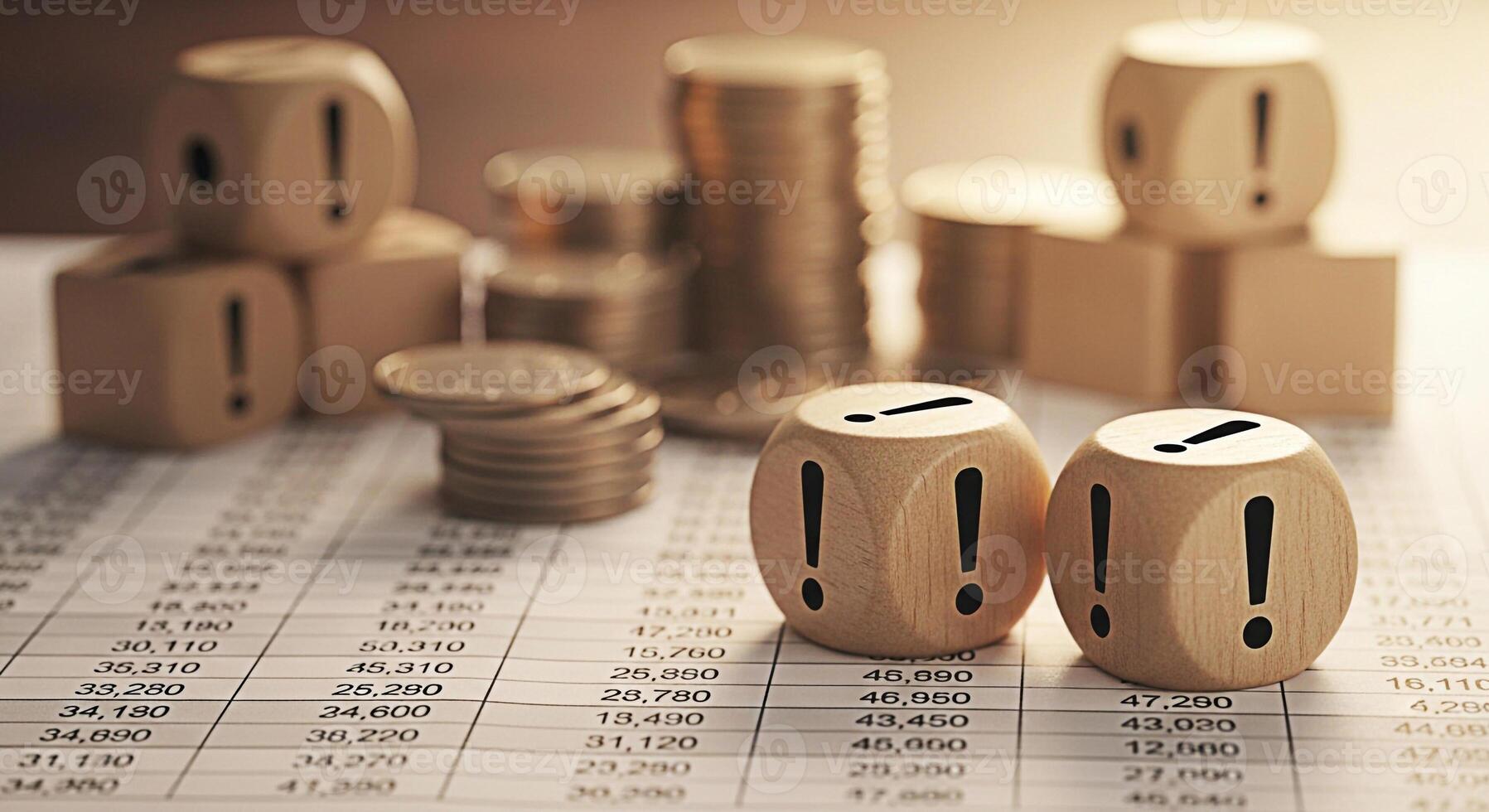 Wooden dice displaying exclamation marks resting on a financial spreadsheet with stacks of coins representing risk assessment and financial uncertainty in a business environment conveying caution photo