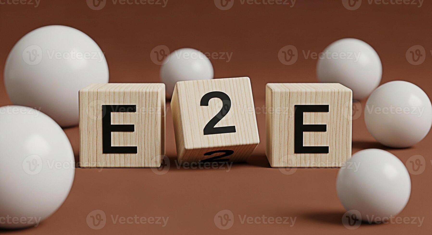 Wooden blocks spelling E2E on a brown surface surrounded by white spheres representing endtoend encryption and secure communication in a minimalist and modern setting conveying trust photo