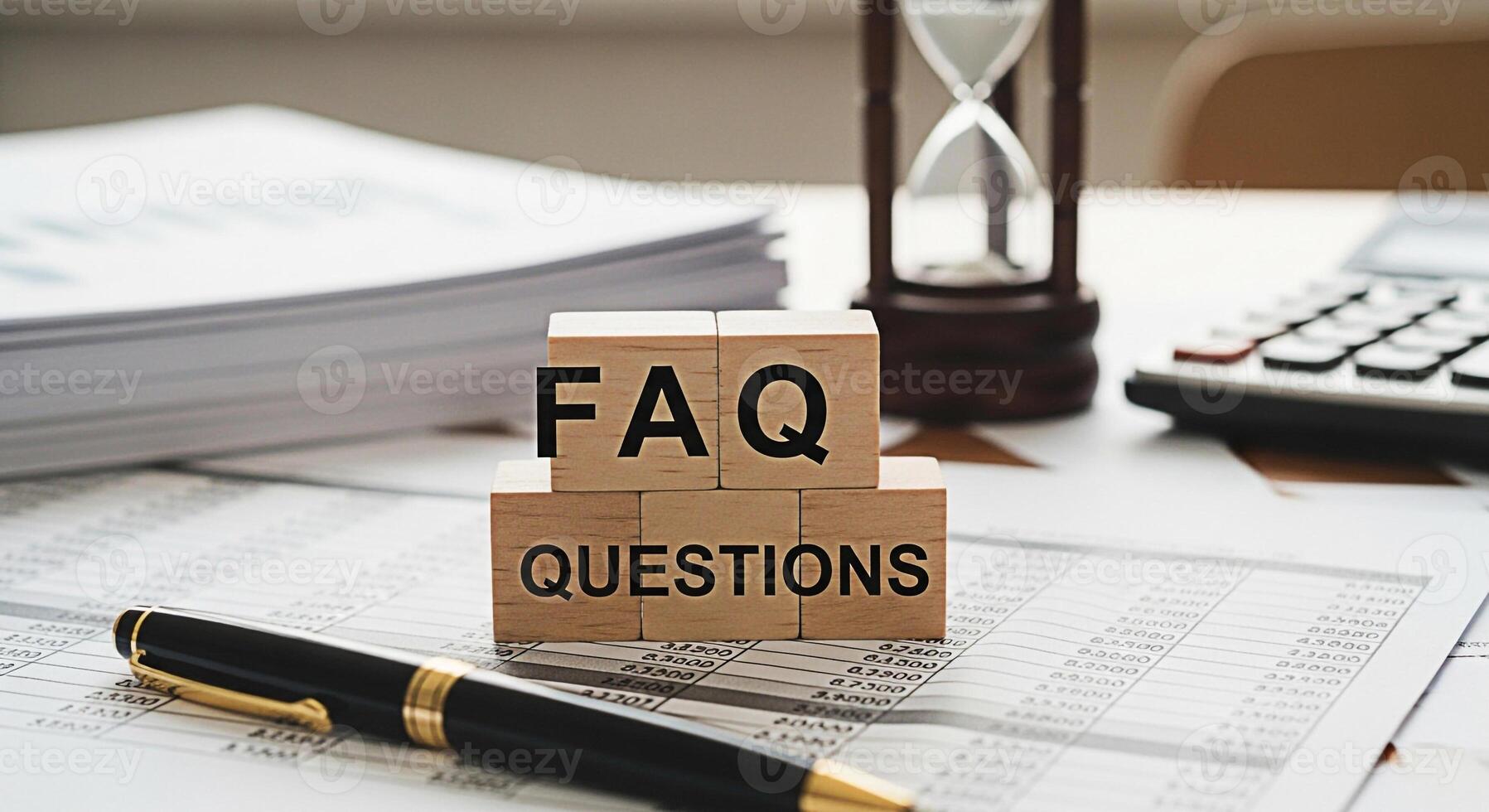 Wooden blocks displaying FAQ Questions on a financial document symbolizing information and guidance within a business setting fostering a sense of clarity and understanding for customers photo