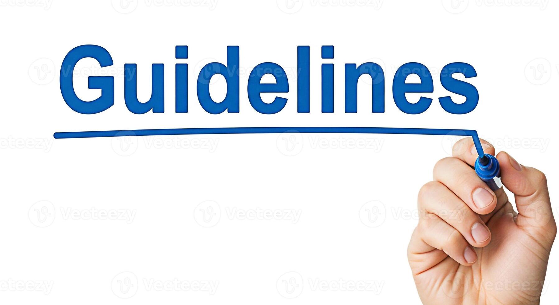 Hand drawing a blue line under the word Guidelines on a white background emphasizing rules and procedures for clarity and compliance in a business or educational setting promoting order and structure photo