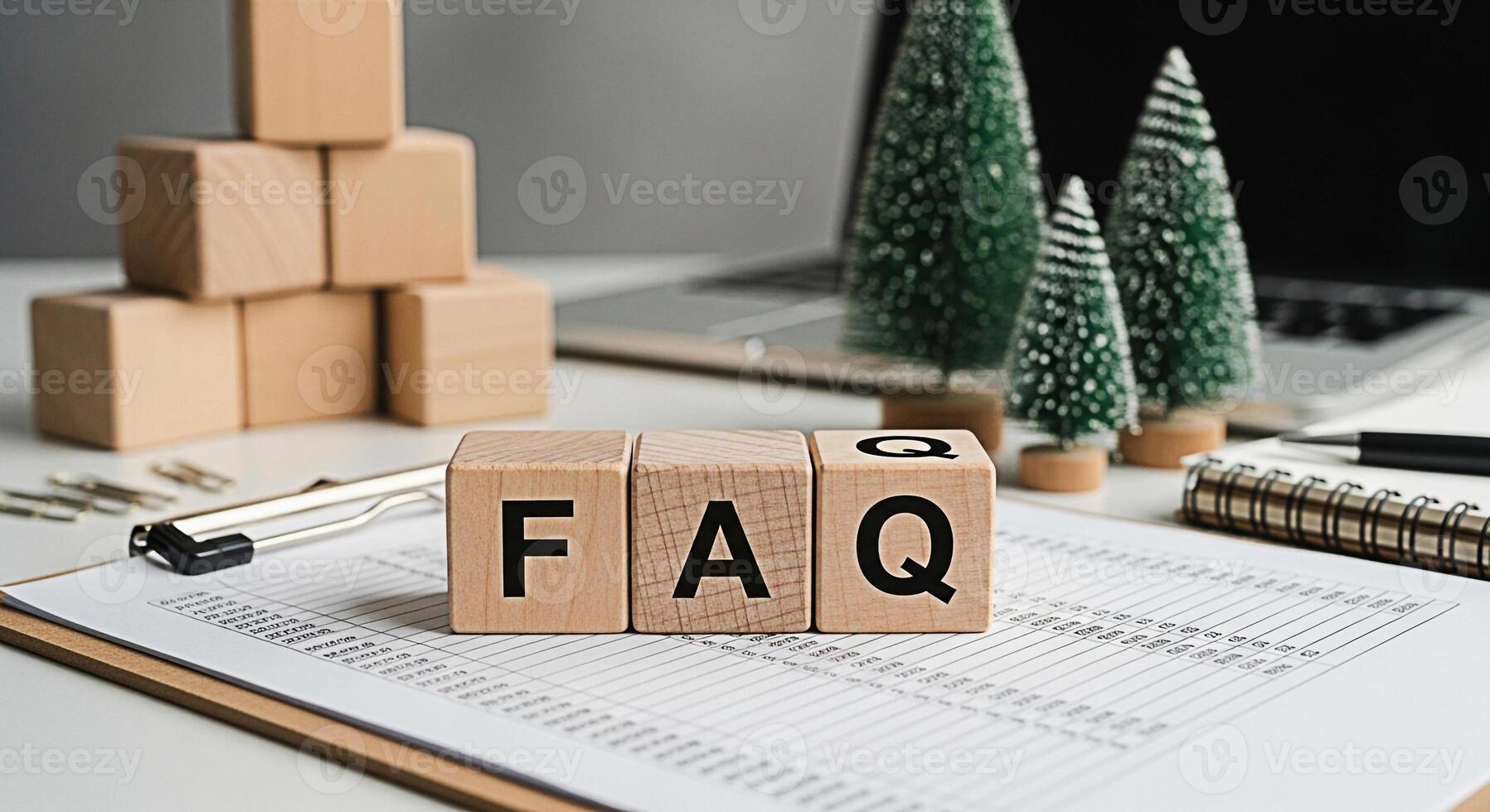 Wooden FAQ blocks displayed on a financial report in a modern office setting symbolizing frequently asked questions and information access for business and customer support creating a clear and helpfu photo