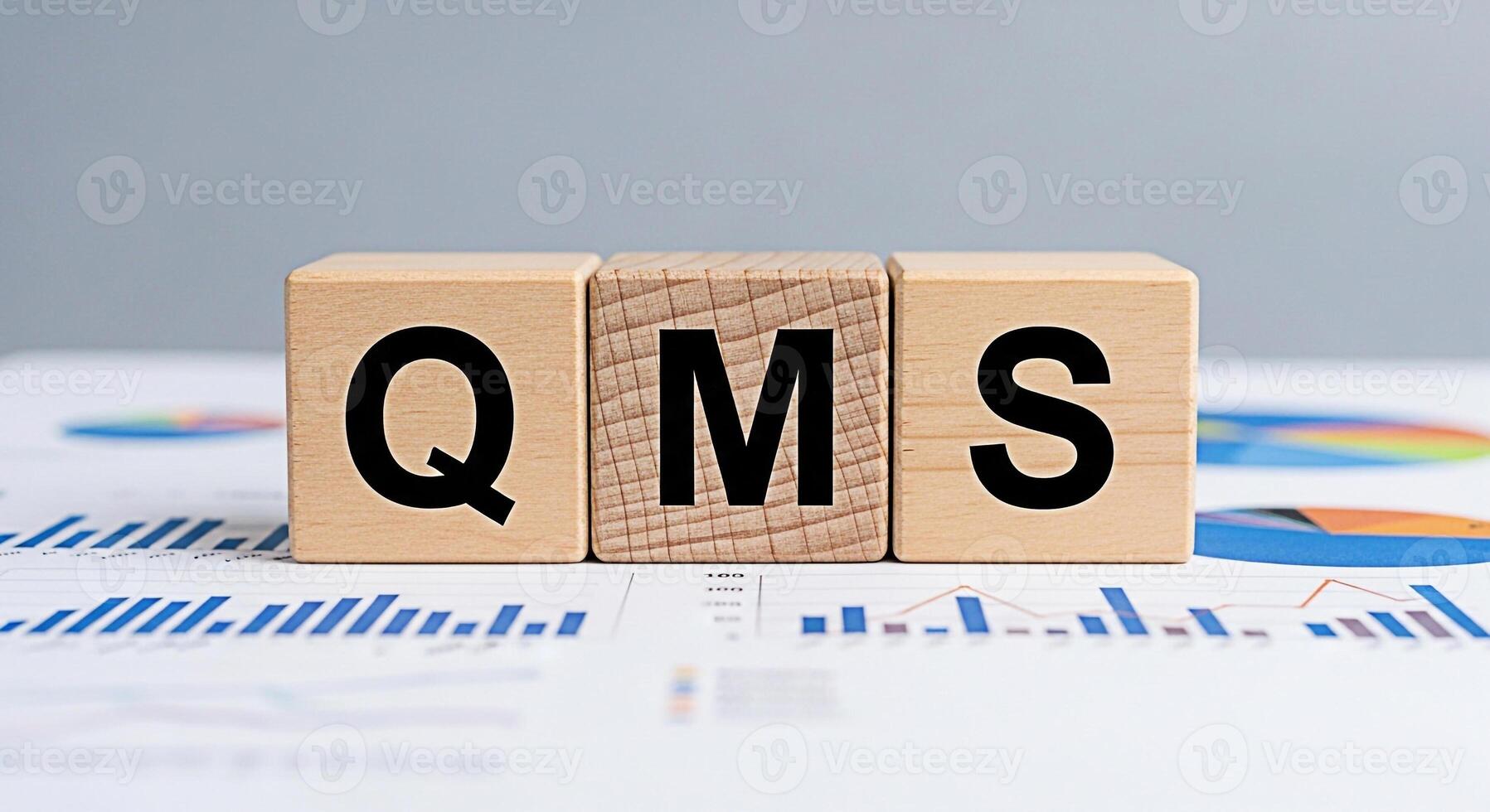 Wooden blocks displaying QMS acronym sitting atop financial charts in a bright office environment representing quality management system implementation and business process optimization for sustained photo