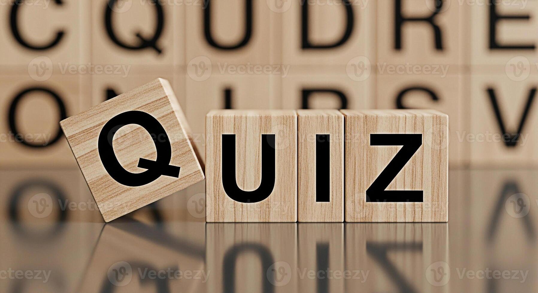Wooden blocks spelling QUIZ on a reflective surface with blurred letter blocks in the background creating a playful and engaging atmosphere for educational content and knowledge testing photo