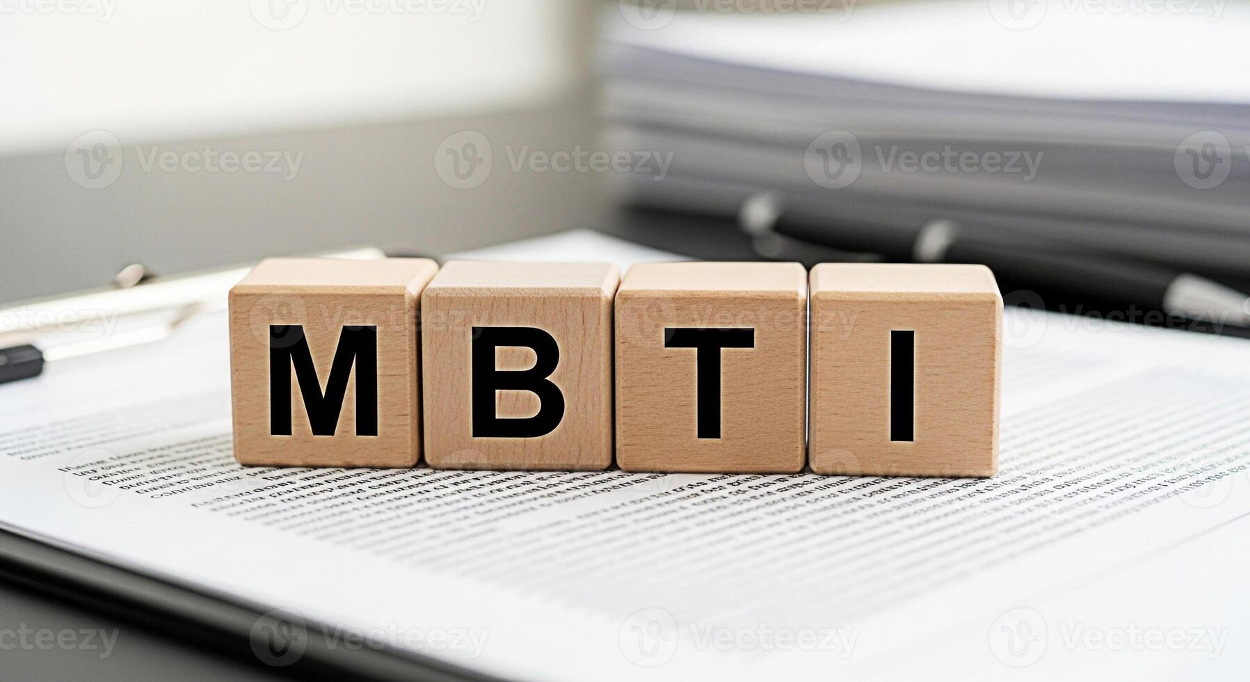Wooden blocks displaying MBTI on a document in a bright office representing personality assessment and psychological type theory for selfawareness and career development fostering a positive and analy photo