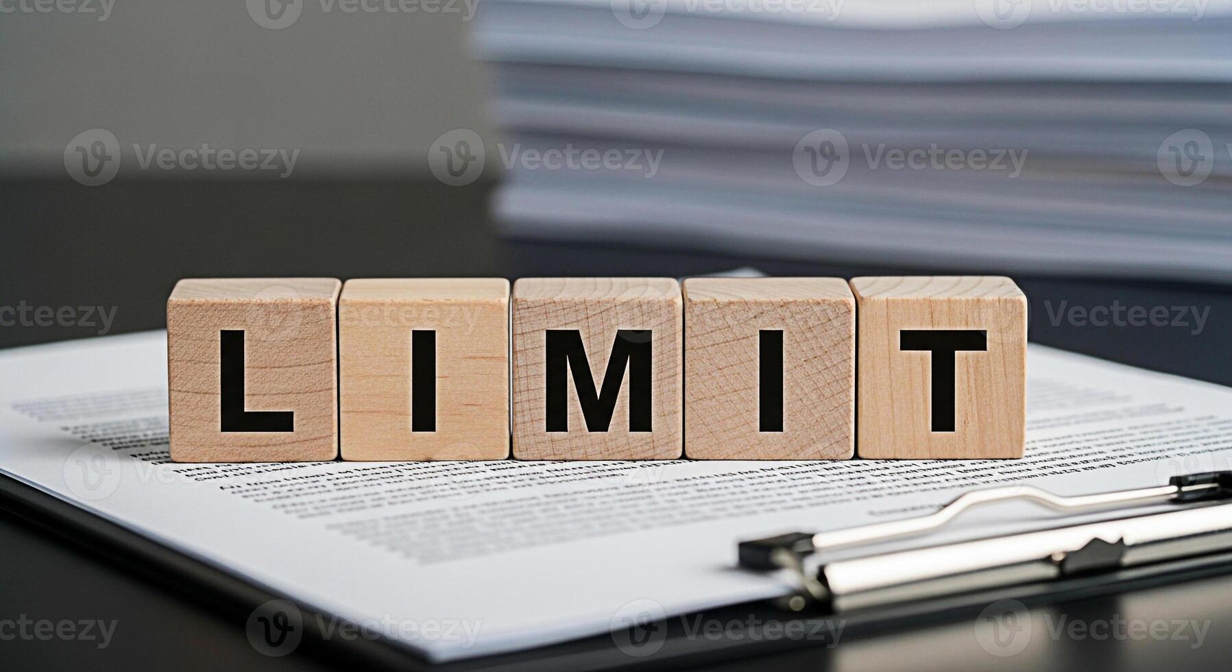 Wooden blocks spelling LIMIT on a clipboard with documents representing boundaries and restrictions in a professional environment symbolizing control and regulation in business and legal contexts photo
