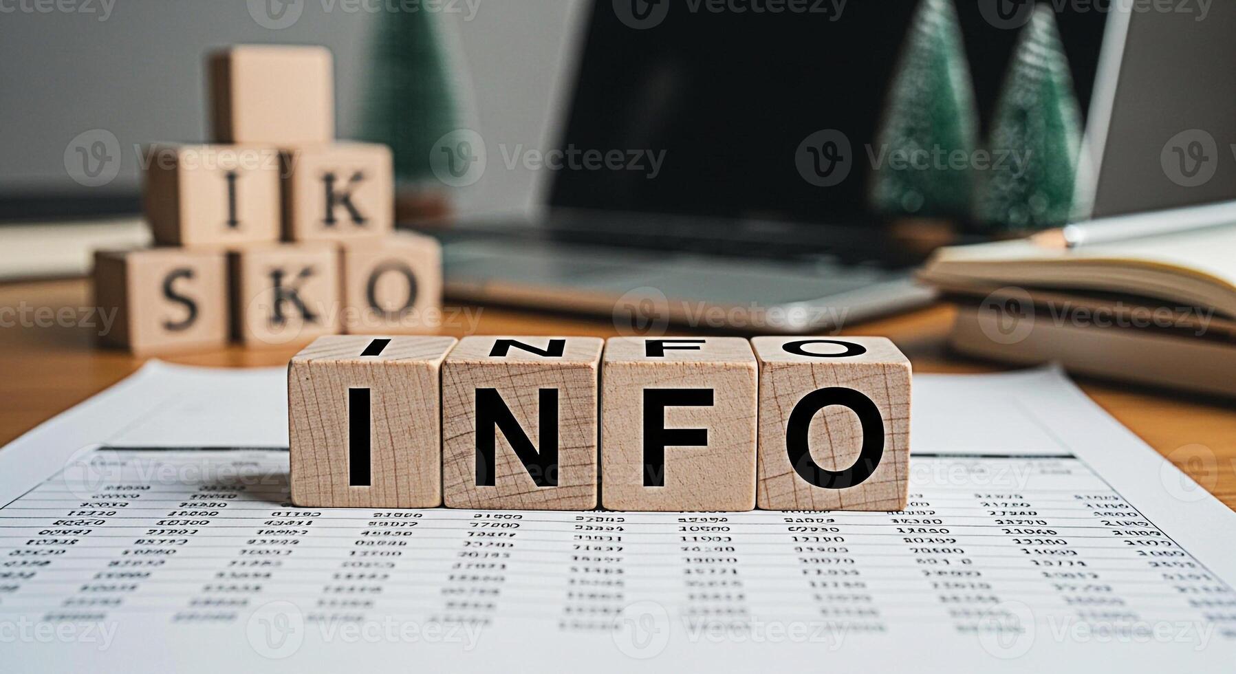 Wooden blocks spelling INFO resting on a financial report in a modern office setting symbolizing data analysis and informed decisionmaking for business growth and strategic planning photo