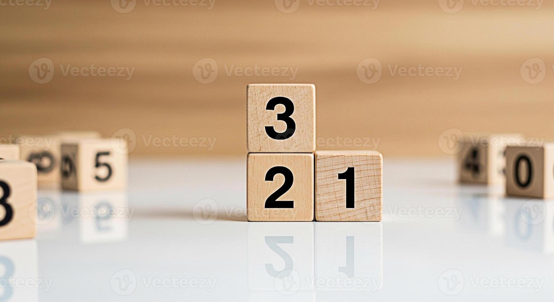 Wooden number blocks counting down from three to one on a reflective surface representing a countdown or sequence in a minimalist setting evoking a sense of anticipation and focus photo