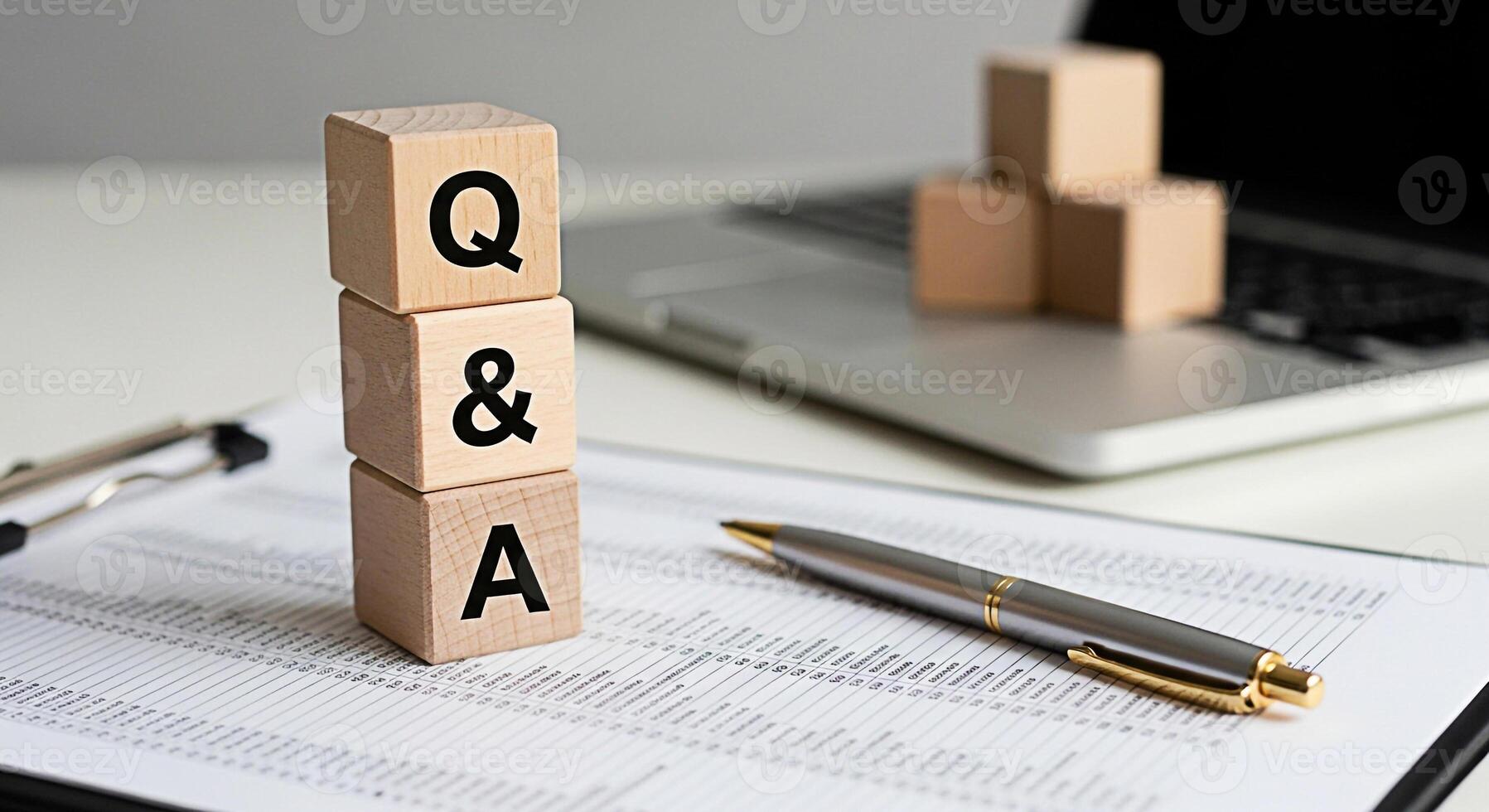 Wooden blocks displaying Q A on a desk with a laptop and pen representing questions and answers in a business setting fostering a sense of clarity and problemsolving for effective communication photo