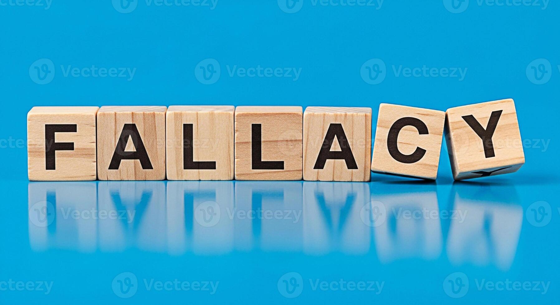 Wooden blocks spelling FALLACY on a blue surface representing a flawed argument or misconception conveying the concept of logical errors and critical thinking in a bright and reflective environment photo