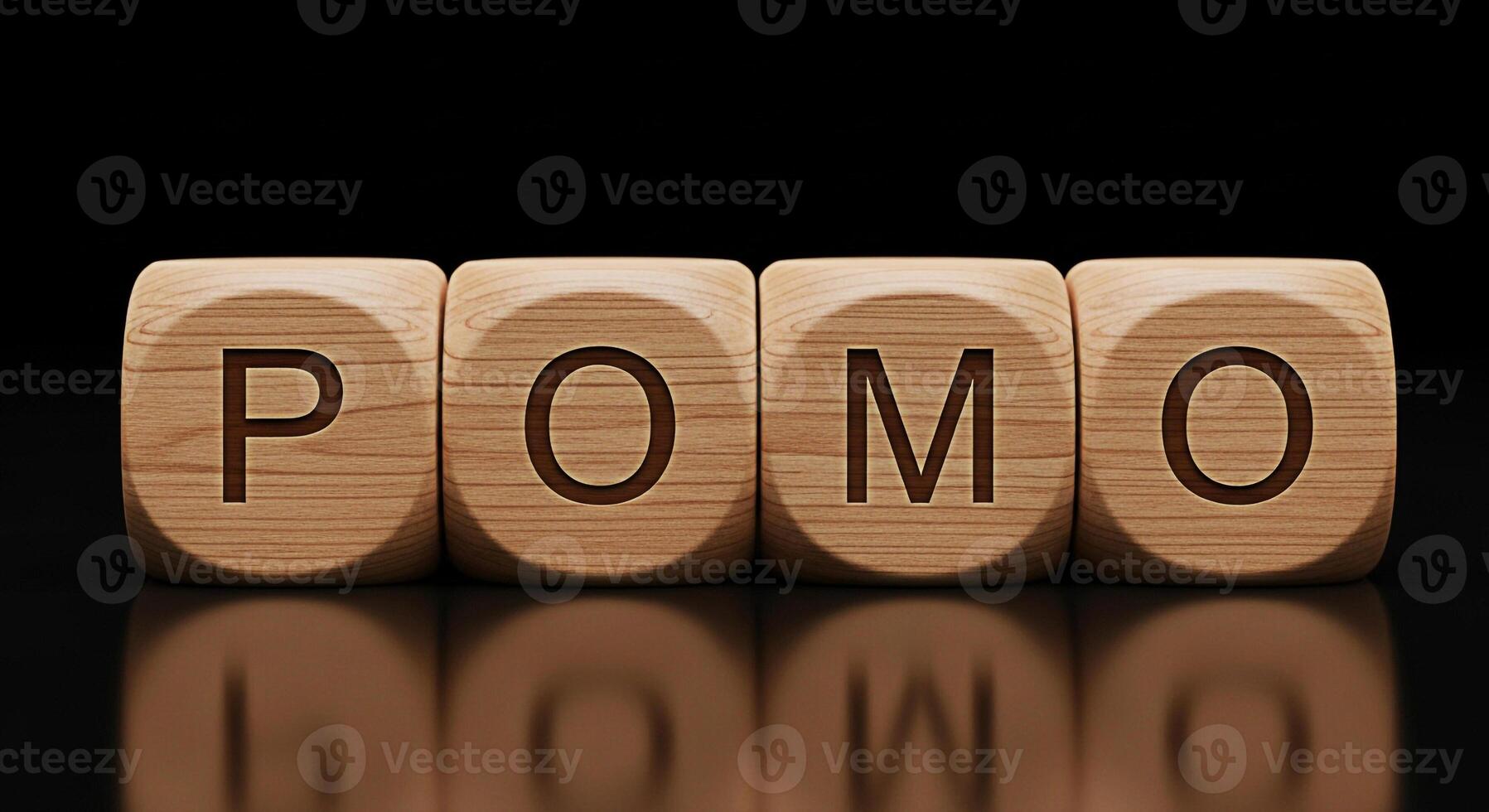 Wooden blocks spelling POMO reflecting on a black surface symbolizing a modern approach to productivity and time management promoting focus and efficiency in a sleek and minimalist setting photo
