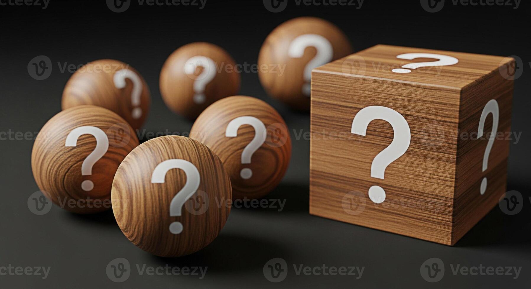 Wooden spheres and a cube displaying question marks on a dark surface representing uncertainty and the need for answers in a complex and mysterious environment sparking curiosity and problemsolving photo